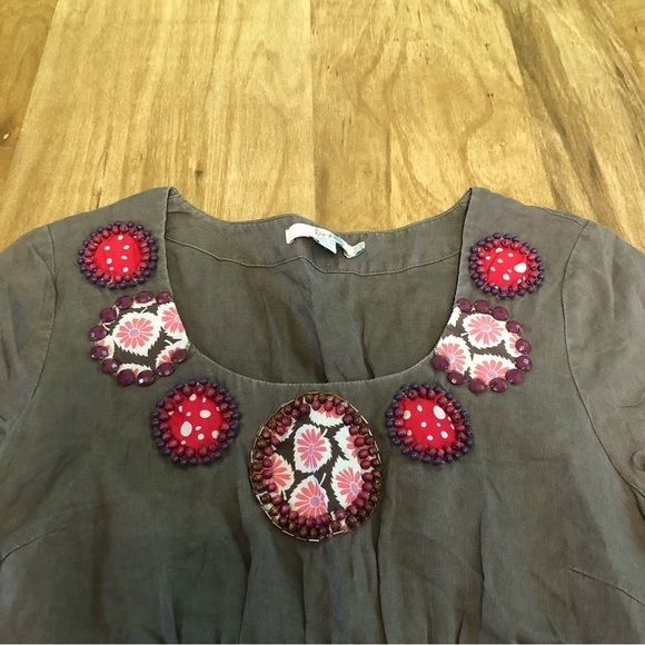 Boden 100% Linen Beaded Artsy Patch Side Zip Olive Mini Dress Womens Size 10 - Picture 3 of 11